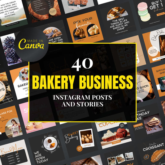 Collection of bakery-themed Instagram posts and stories with 'Made in Canva' branding.