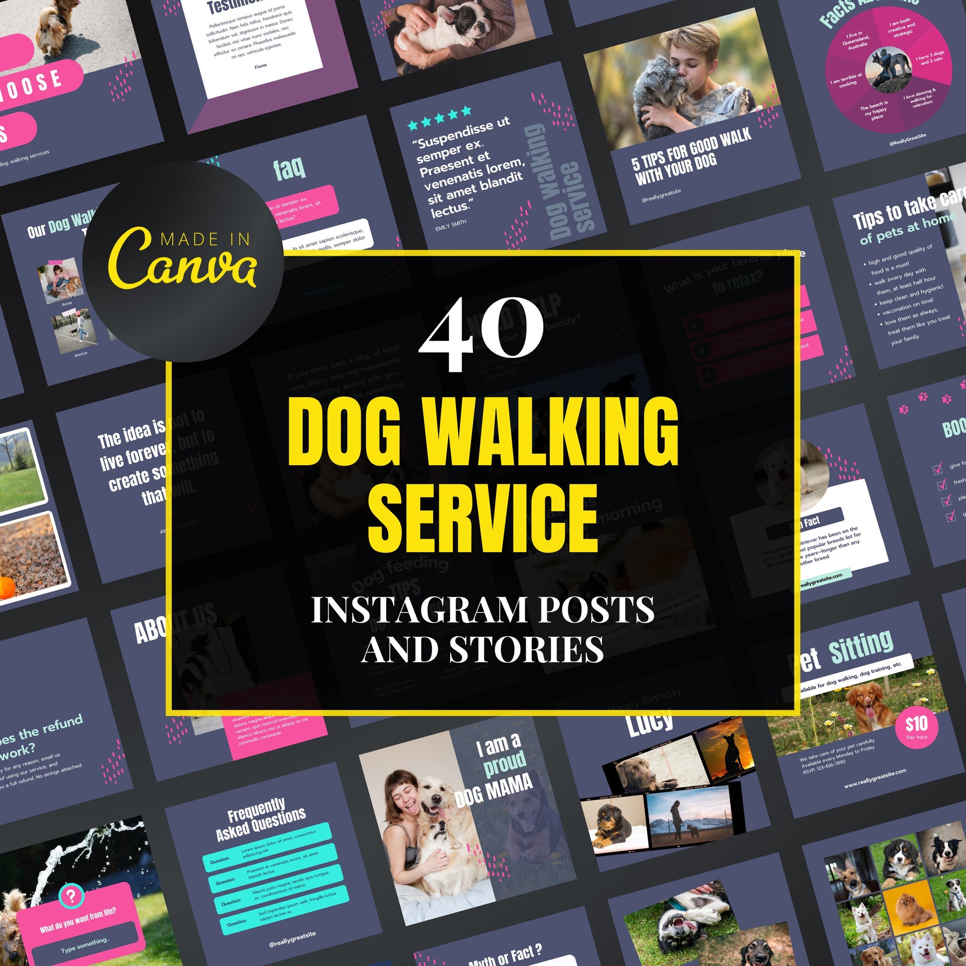 Promotional graphic for 40 dog walking service Instagram posts and stories created with Canva.