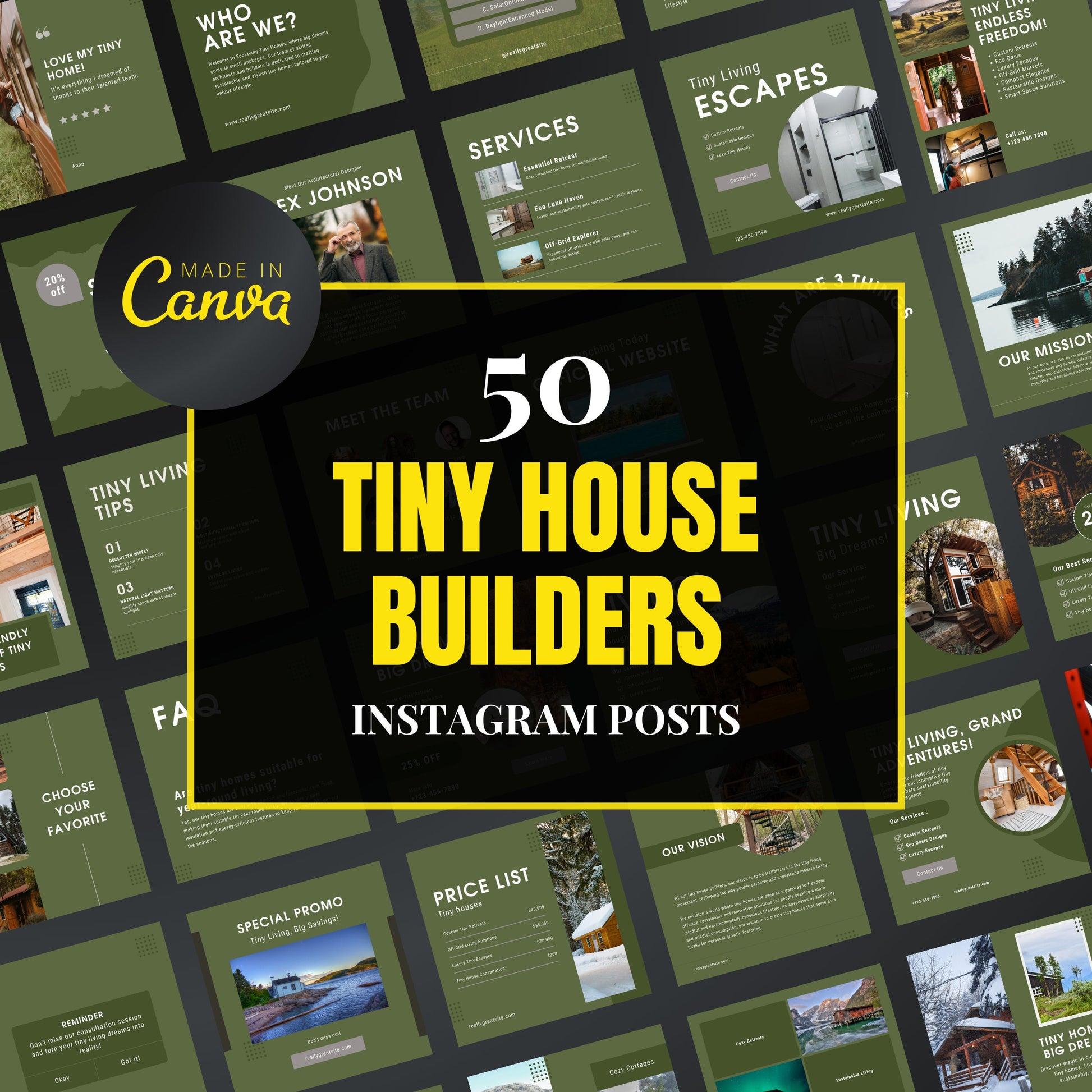 Promotional graphic for 50 Tiny House Builders Instagram Posts with 'Made in Canva' branding.