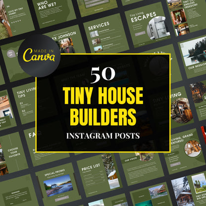Promotional graphic for 50 Tiny House Builders Instagram Posts with 'Made in Canva' branding.