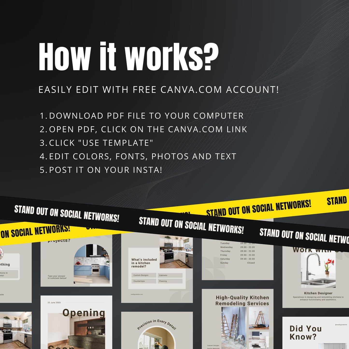 Kitchen Remodeling Canva Templates | Editable Instagram Posts for Kitchen Renovation Businesses