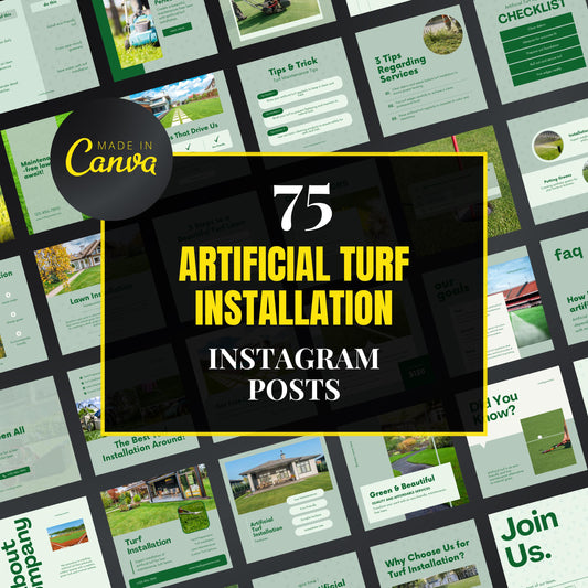 Promotional graphic for 75 Artificial Turf Installation Instagram Posts by Canva.