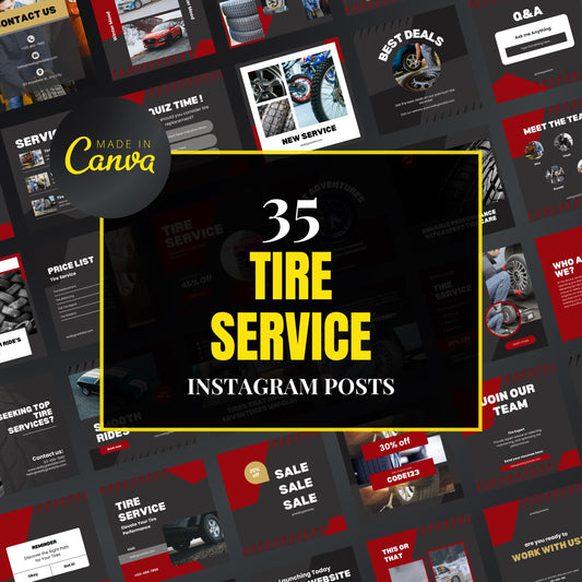 Collection of tire service Instagram post templates with 'Made in Canva' branding.
