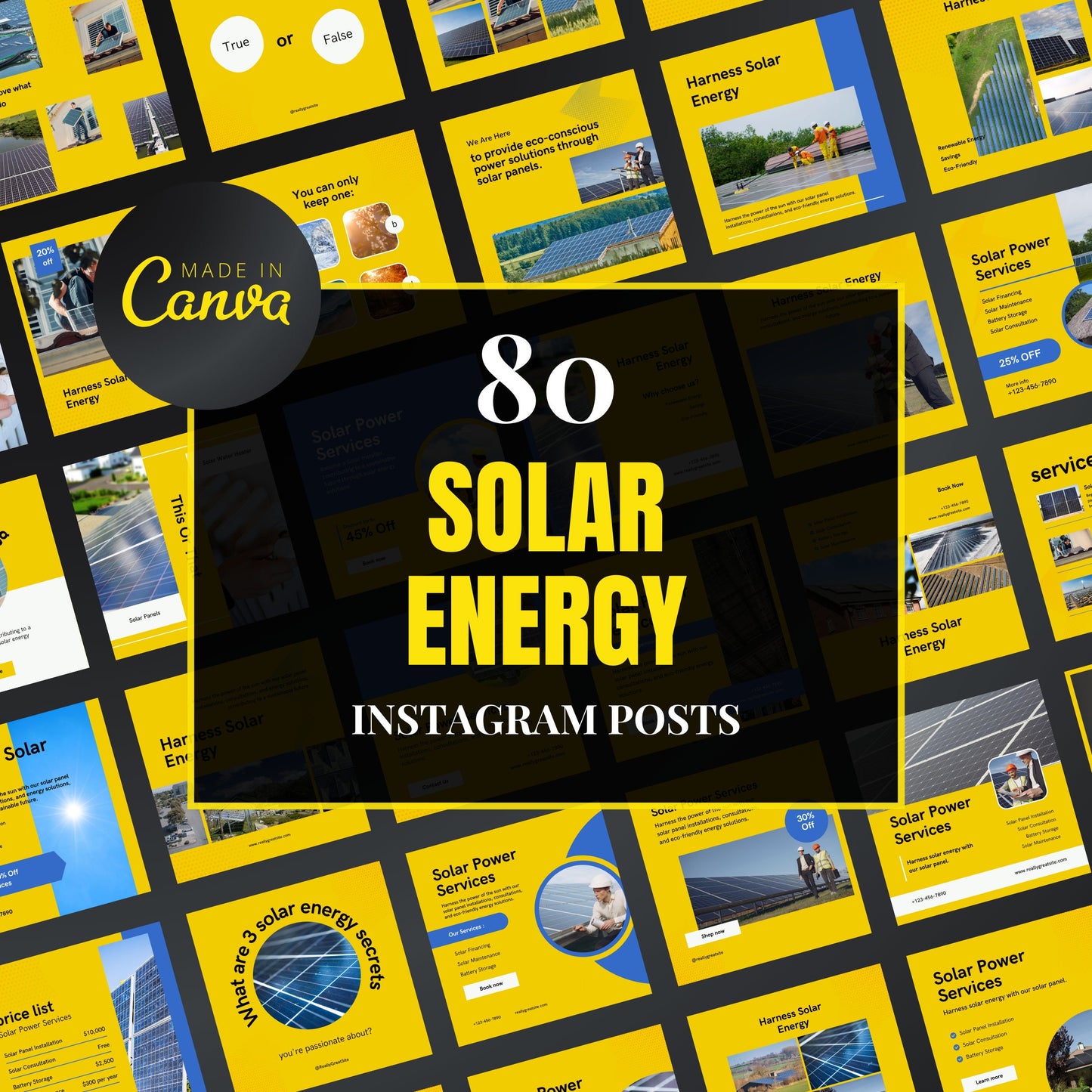 Collection of solar energy-themed Instagram post templates with 'Made in Canva' logo.