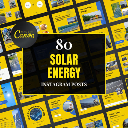 Collection of solar energy-themed Instagram post templates with 'Made in Canva' logo.
