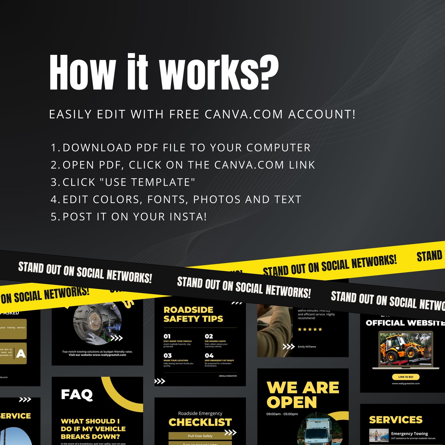 Towing Service Canva Templates | Editable Instagram & Facebook Posts for Auto Towing Companies