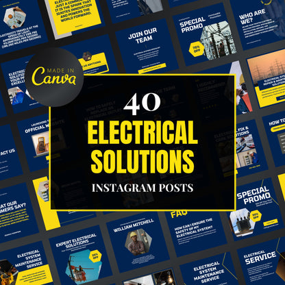 Promotional graphic for '40 Electrical Solutions Instagram Posts' with a collage of related images in the background.