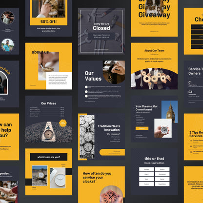 Clock Repair Canva Templates | Editable Instagram Posts for Watch & Clock Services