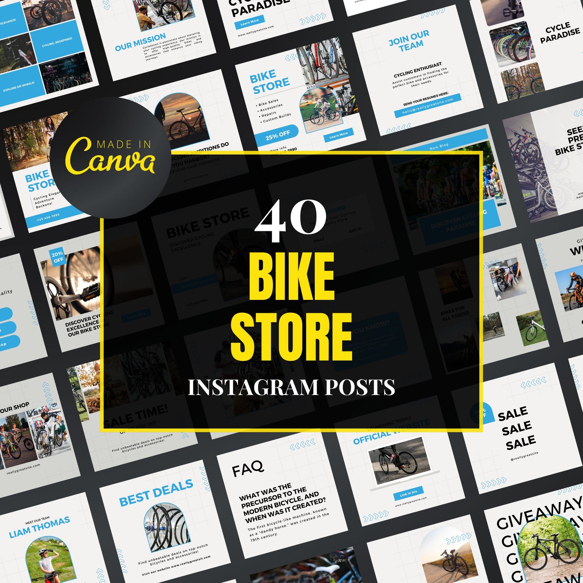 Collection of bike store Instagram posts with 'Made in Canva' branding.