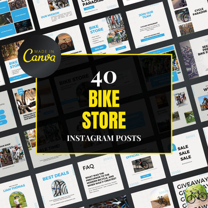 Collection of bike store Instagram posts with 'Made in Canva' branding.