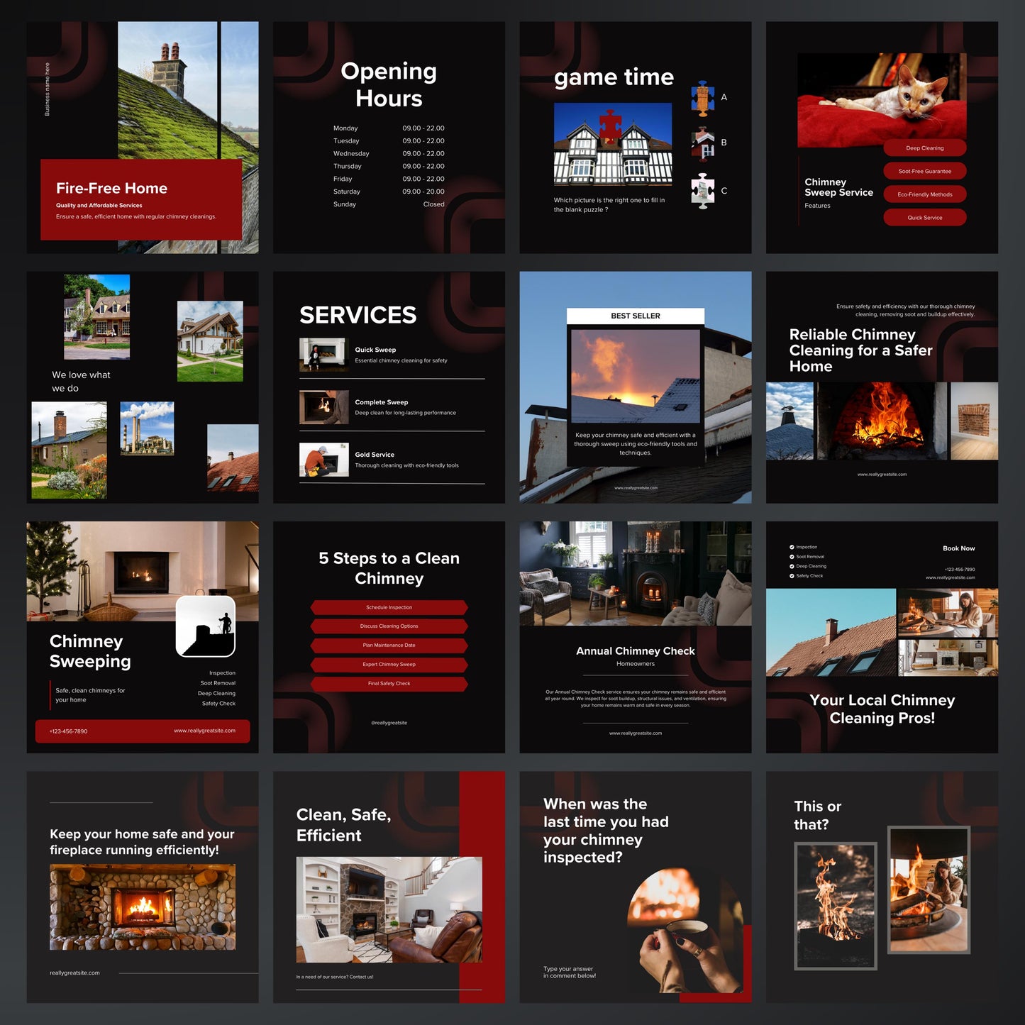Chimney Sweep Canva Templates | Editable Instagram Posts for Chimney Cleaning & Maintenance