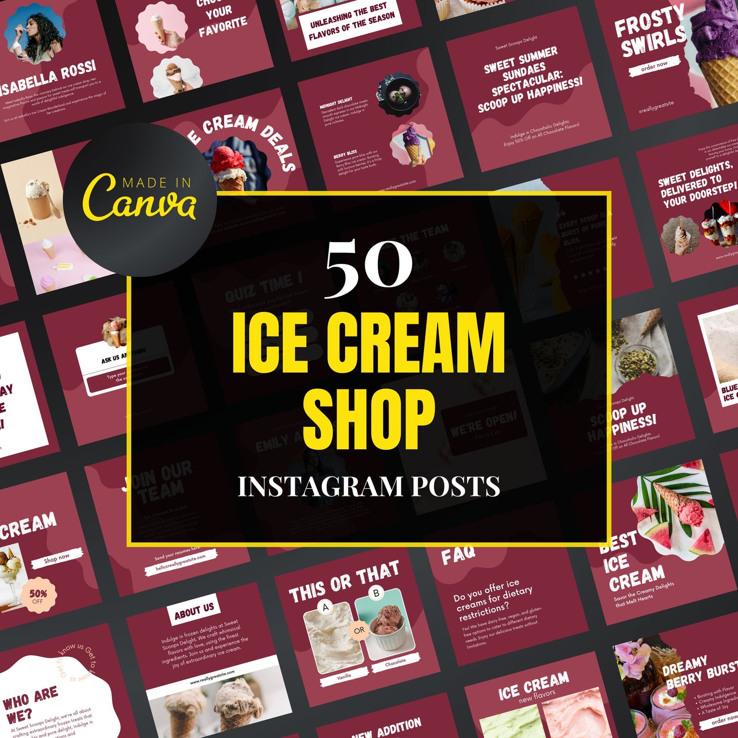 Promotional graphic for 50 Ice Cream Shop Instagram posts by Made in Canva.