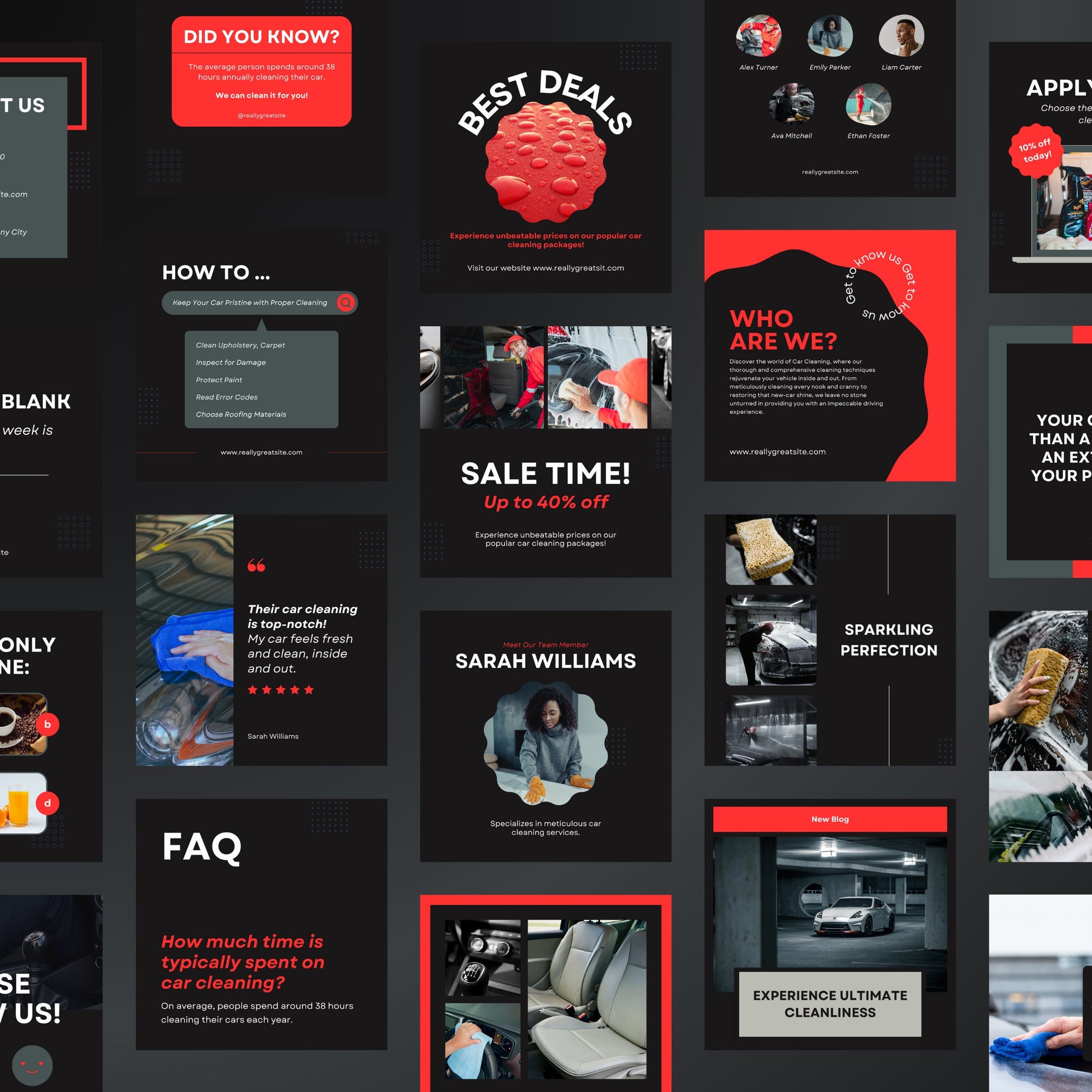 Collage of various promotional and informational graphics with text and images on a dark background.