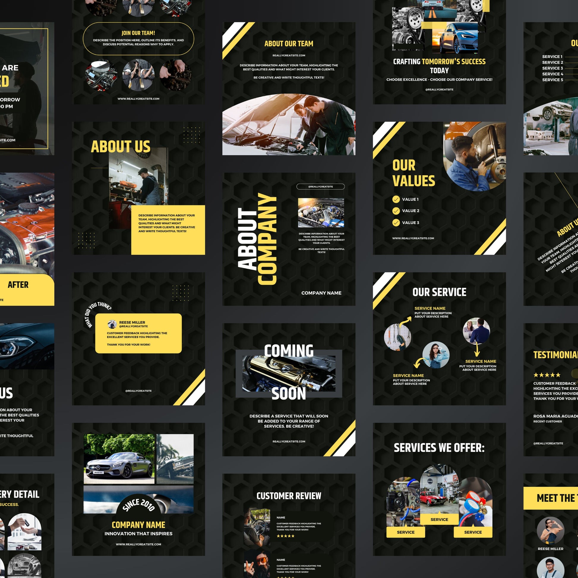 Collection of black and yellow business templates with various sections like 'About Us', 'Our Values', and 'Services Offered'.
