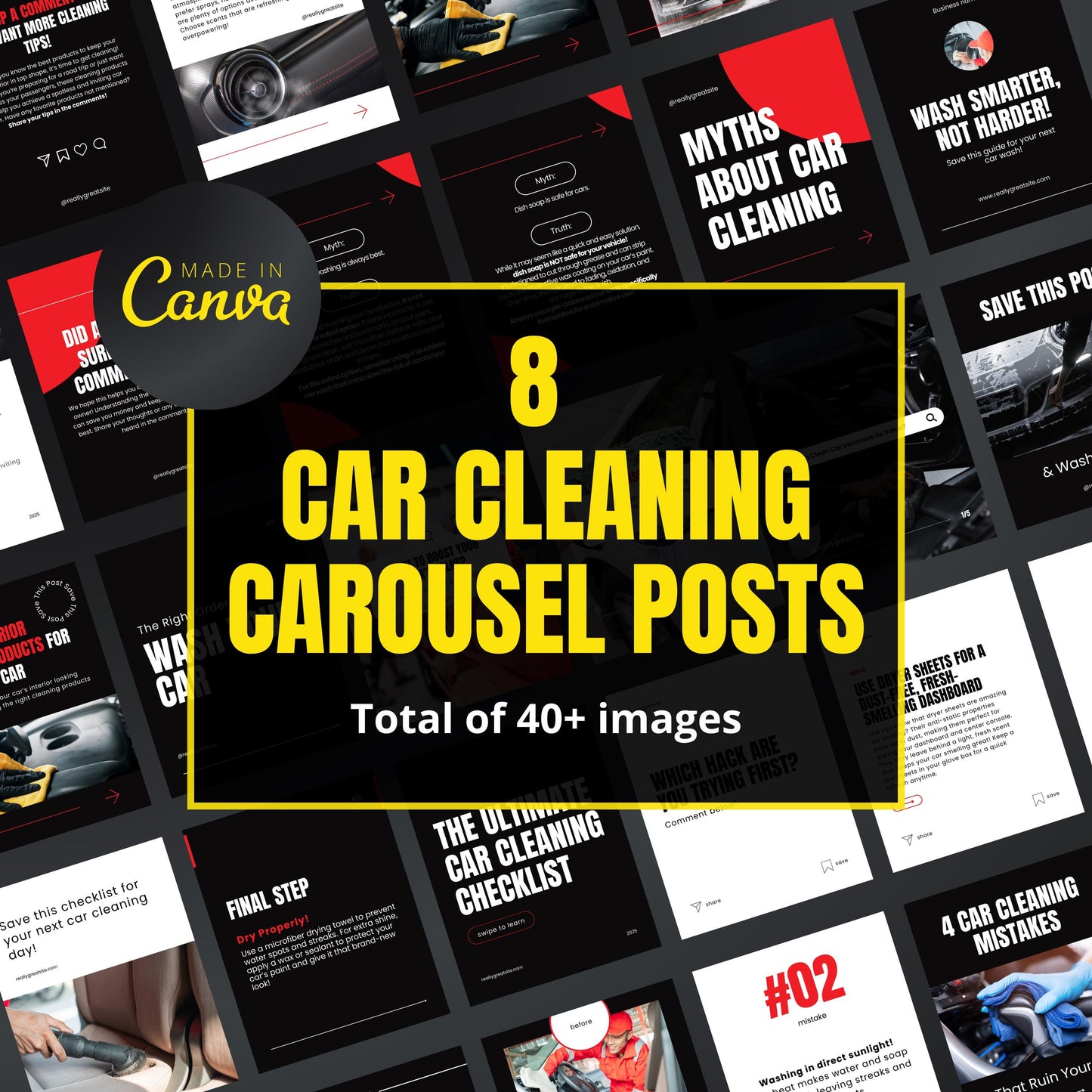 Collection of car cleaning carousel posts with 'Made in Canva' branding.