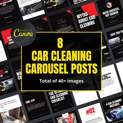 Collection of car cleaning carousel posts with 'Made in Canva' branding.