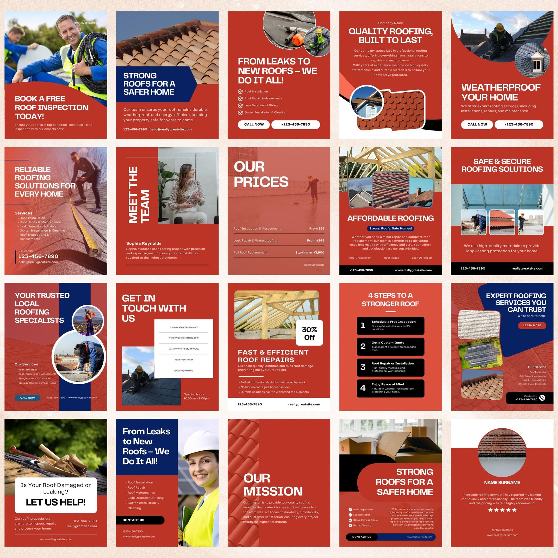 Grid of roofing company promotional posters with text and images on a red background.
