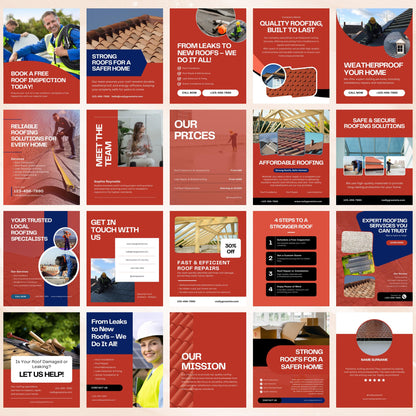 Grid of roofing company promotional posters with text and images on a red background.