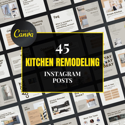 Collection of kitchen remodeling Instagram post templates with 'Made in Canva' branding.
