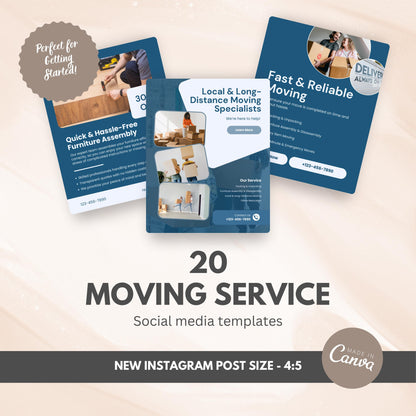 Three social media templates for moving services on a light beige background with 'Canva' branding.