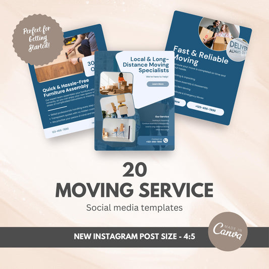 Three social media templates for moving services on a light beige background with 'Canva' branding.