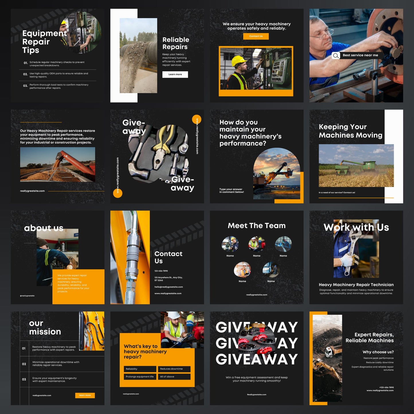 Heavy Machinery Repair Canva Templates | Editable Instagram Posts for Equipment & Industrial Services