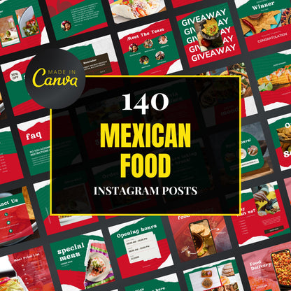 Promotional graphic for 140 Mexican food Instagram posts by Made in Canva.