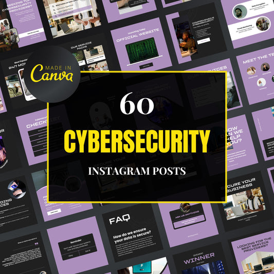 Collection of cybersecurity-themed Instagram posts with 'Made in Canva' branding.