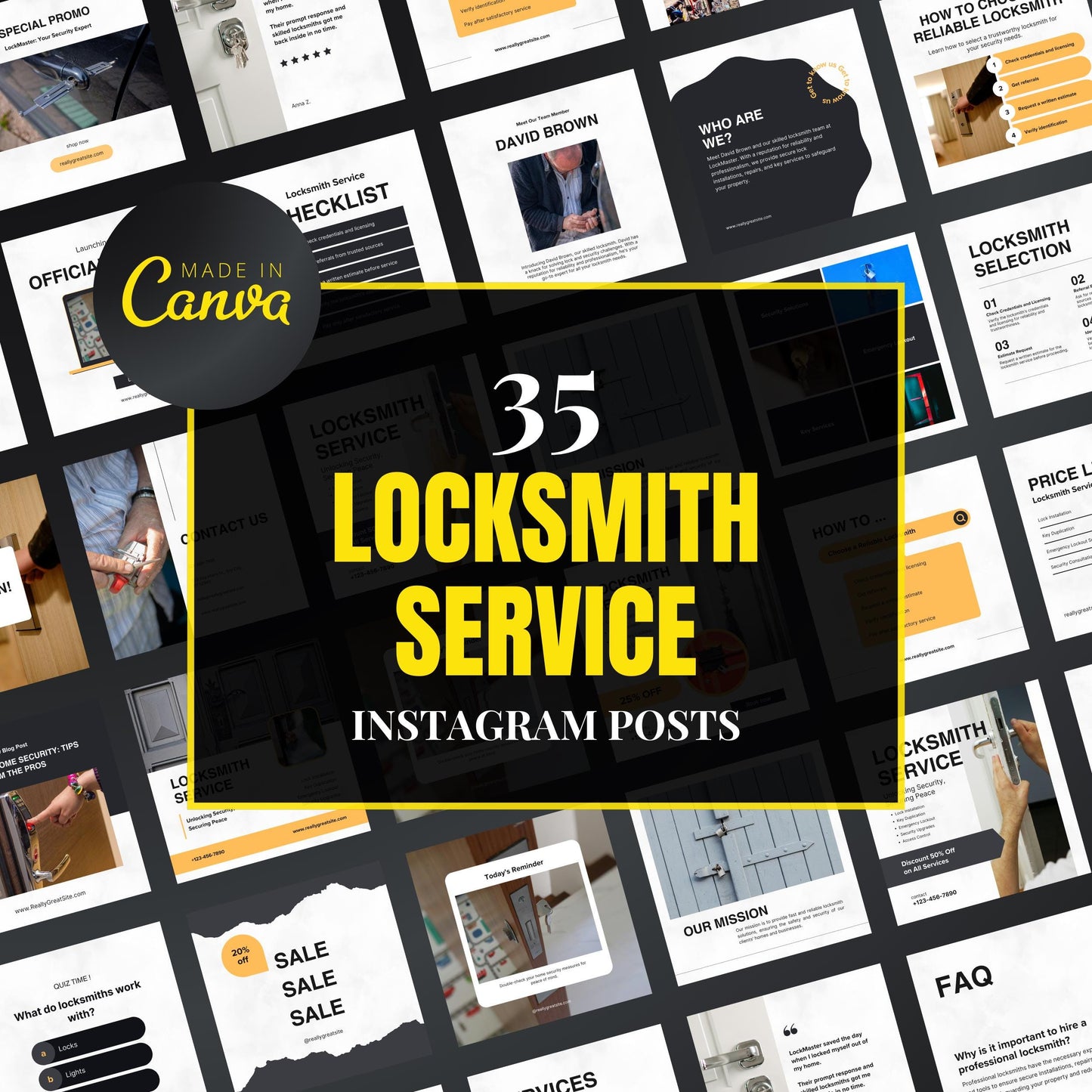 Collection of locksmith service Instagram posts with 'Made in Canva' branding.