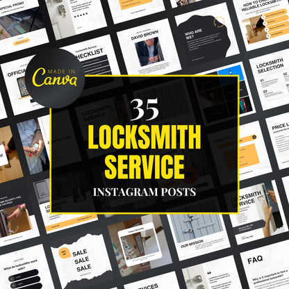 Collection of locksmith service Instagram posts with 'Made in Canva' branding.