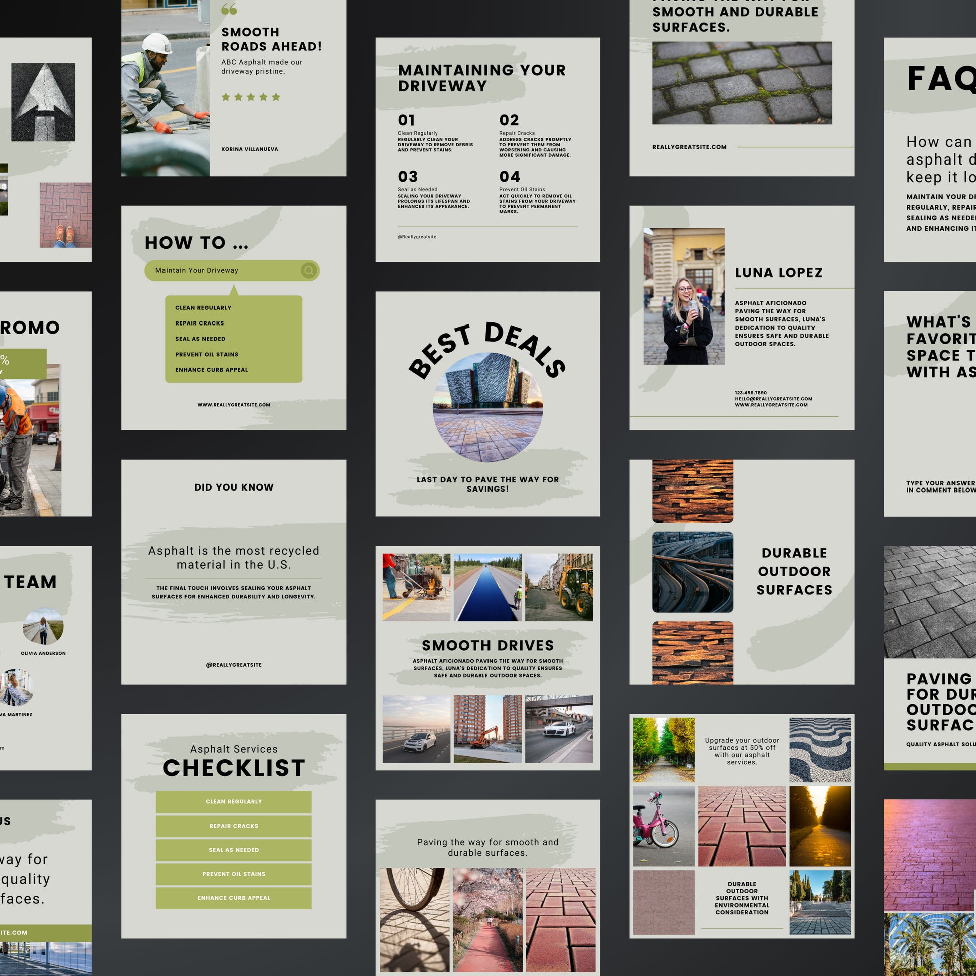 Collection of promotional posters and infographics about asphalt services on a black background.