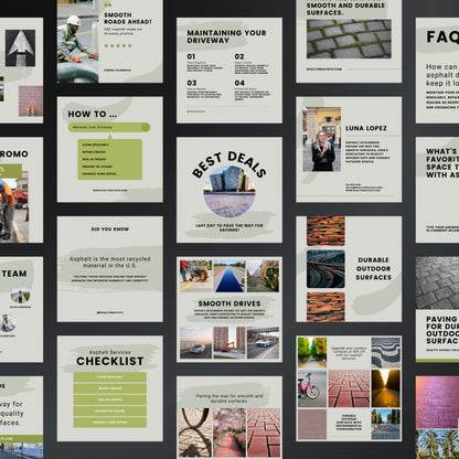 Collection of promotional posters and infographics about asphalt services on a black background.