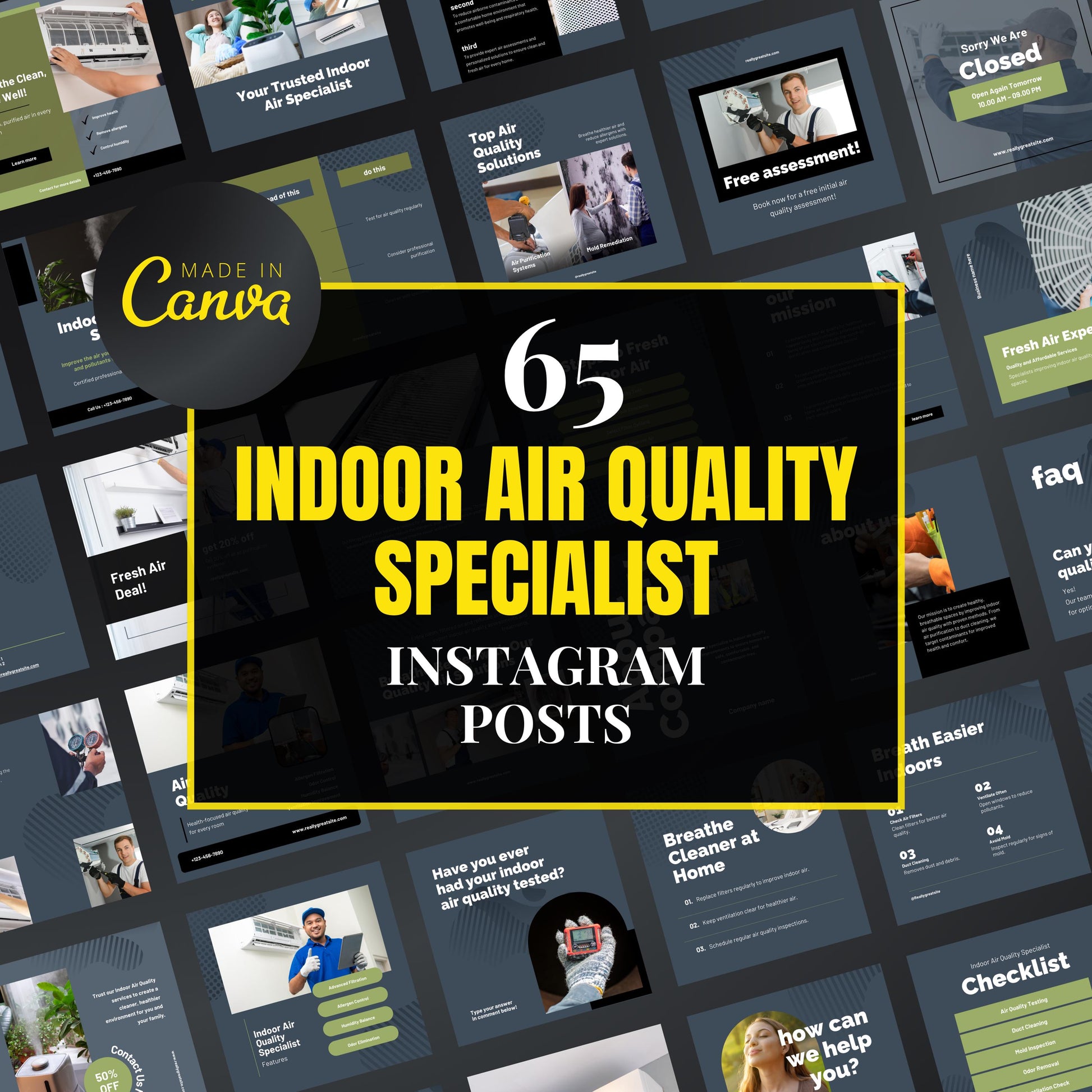 Collection of indoor air quality specialist Instagram posts with 'Made in Canva' branding.