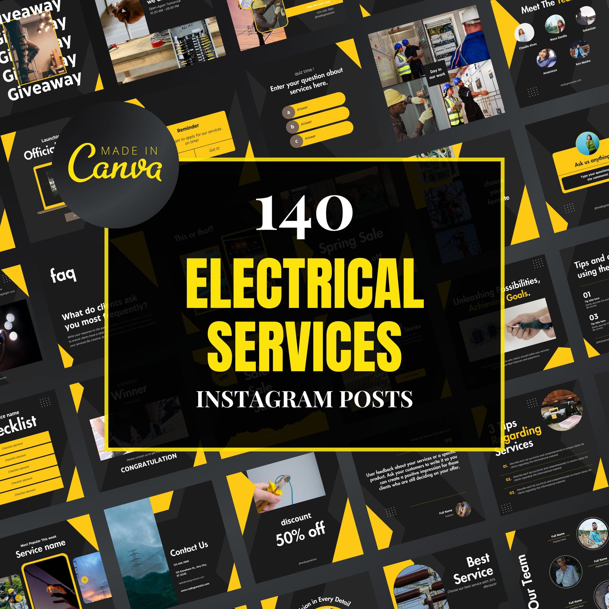 Collection of electrical services Instagram posts with Canva branding.