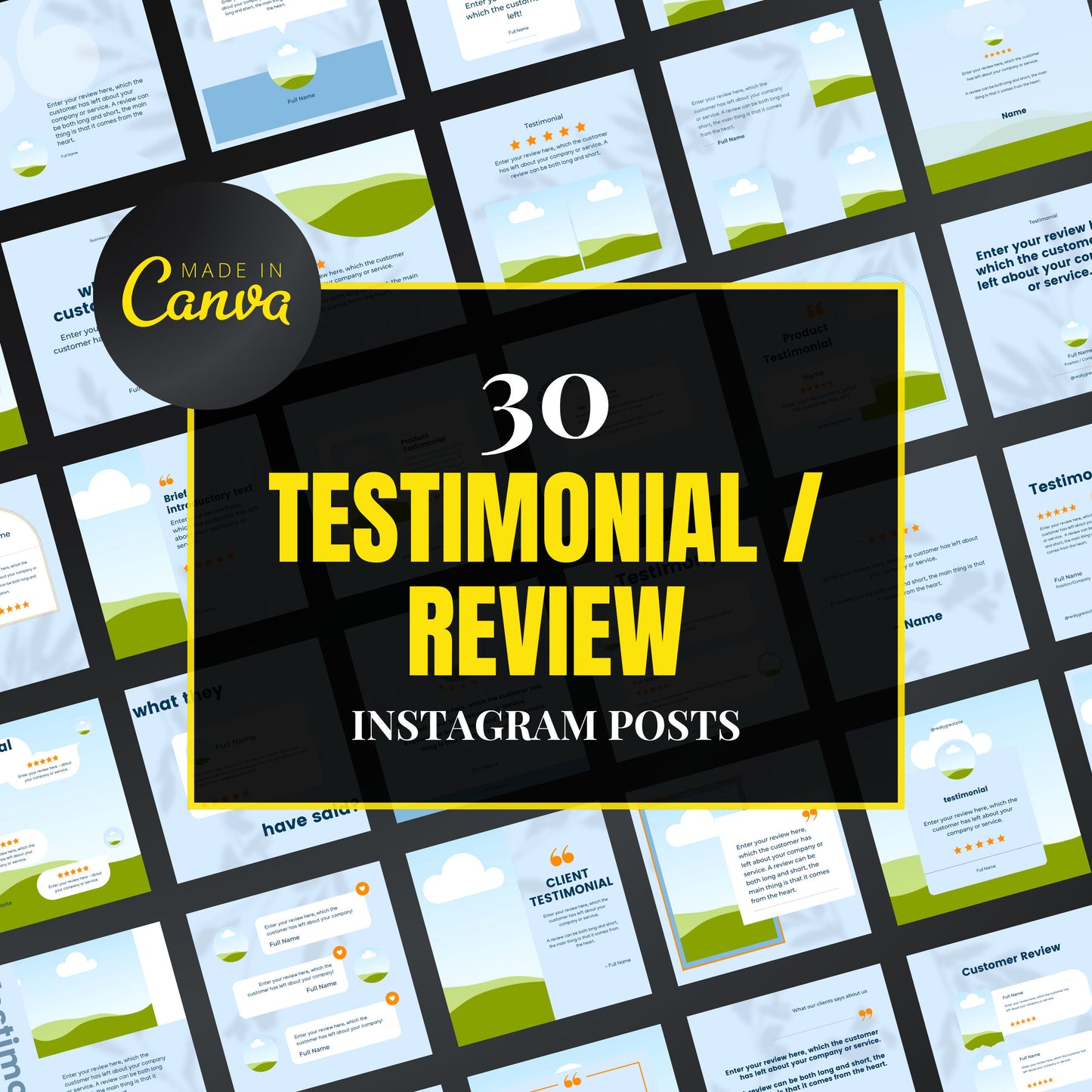 Promotional graphic for 30 testimonial/review Instagram posts with 'Made in Canva' branding.