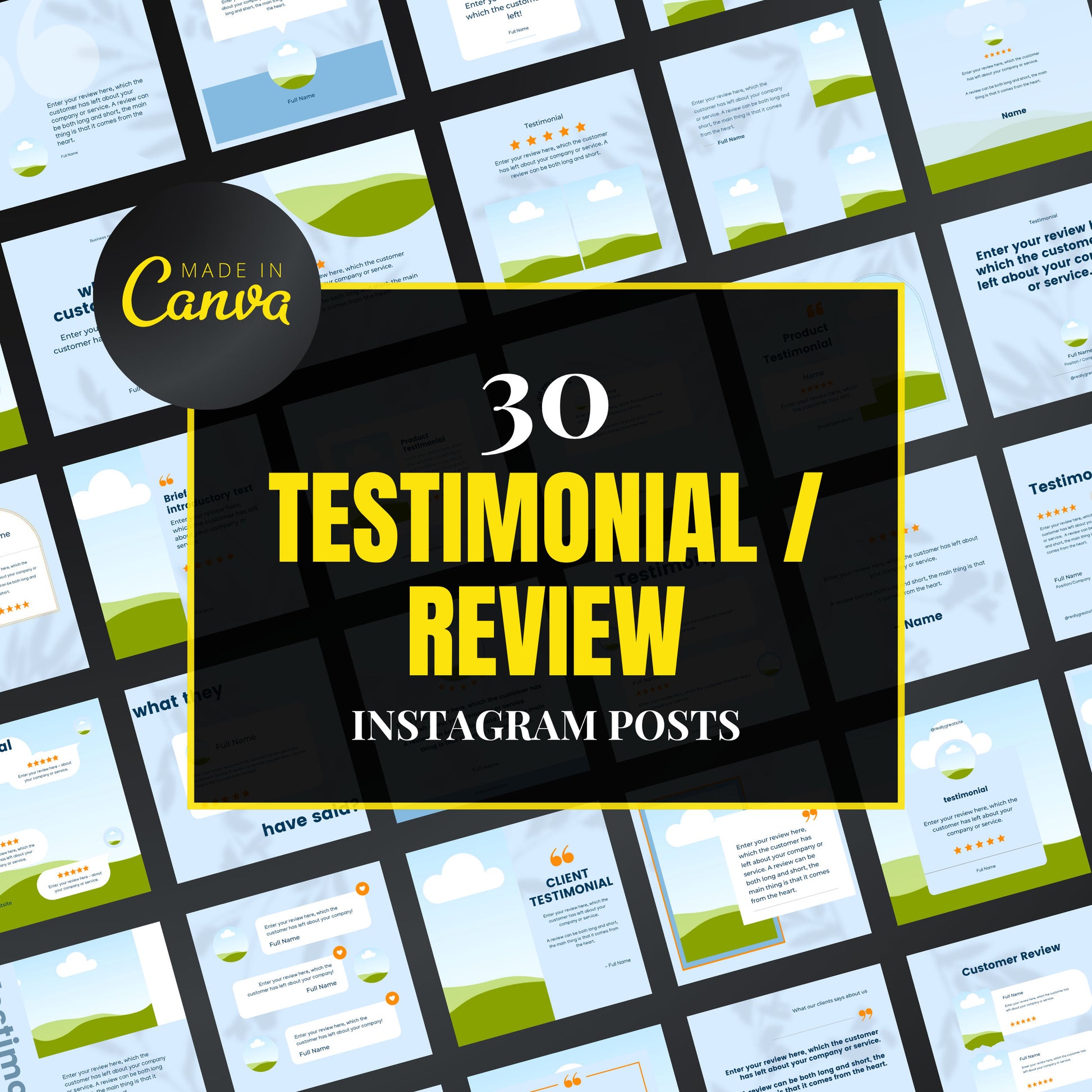 Promotional graphic for 30 testimonial/review Instagram posts with 'Made in Canva' branding.