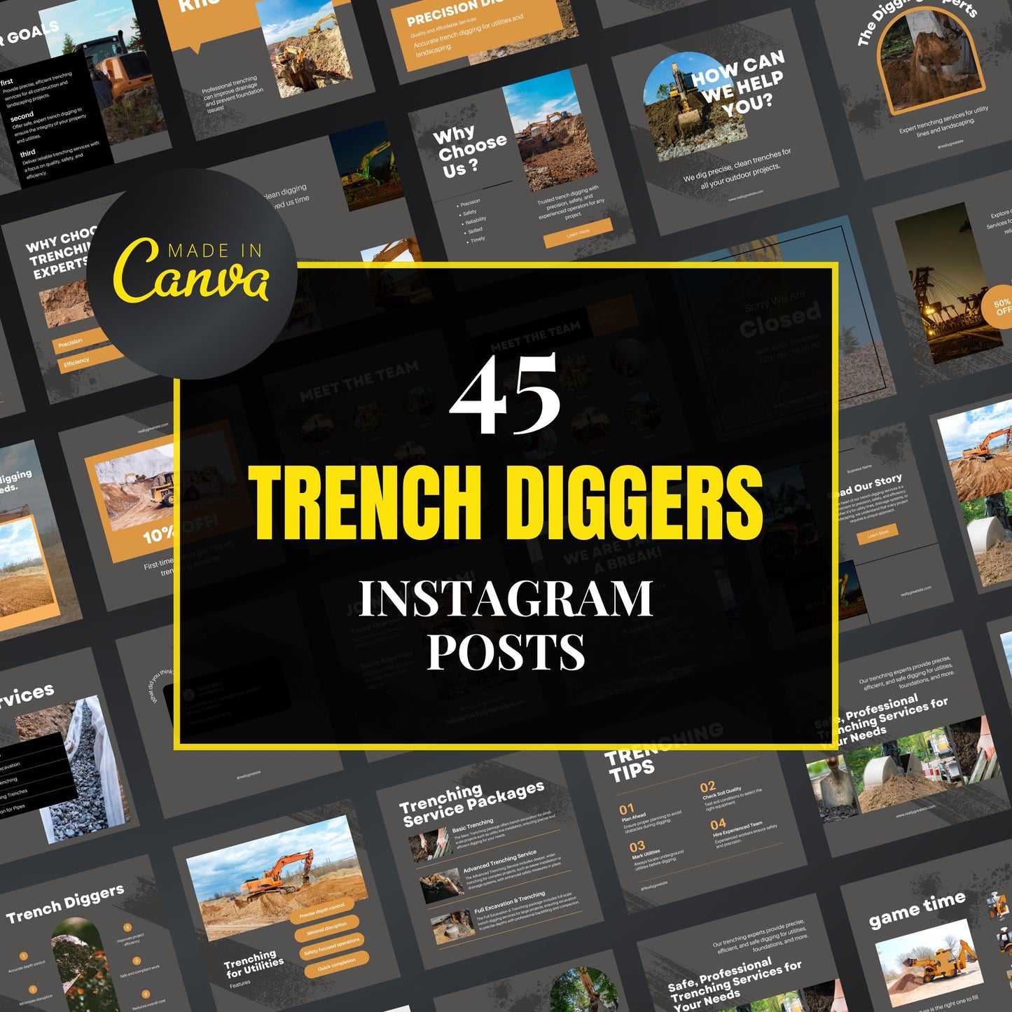 Collection of trench digger Instagram post templates with 'Made in Canva' branding.