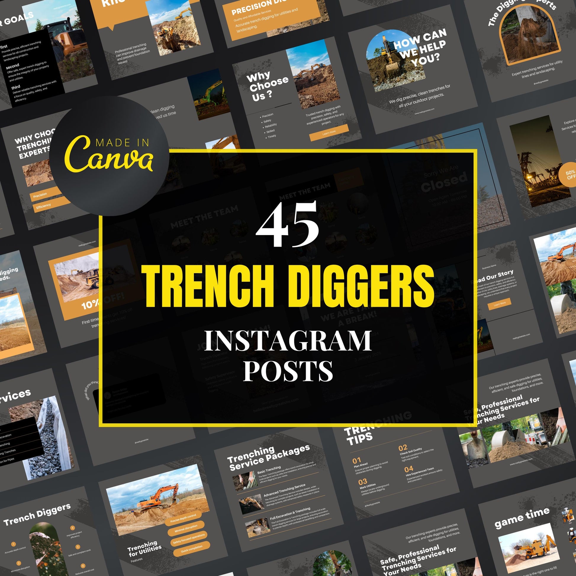 Collection of trench digger Instagram post templates with 'Made in Canva' branding.