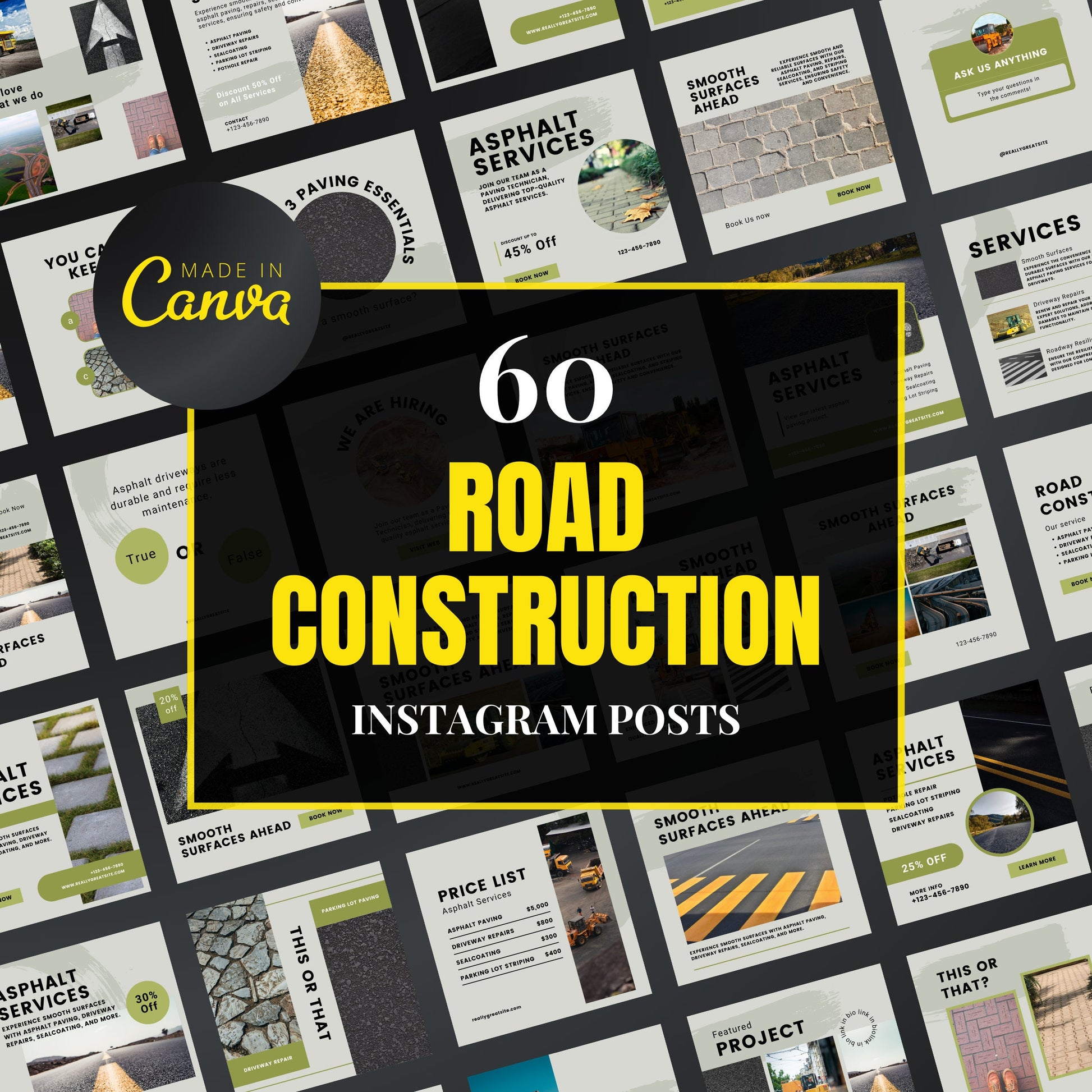Collection of road construction-themed Instagram post templates with 'Made in Canva' branding.
