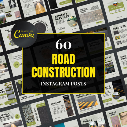 Collection of road construction-themed Instagram post templates with 'Made in Canva' branding.