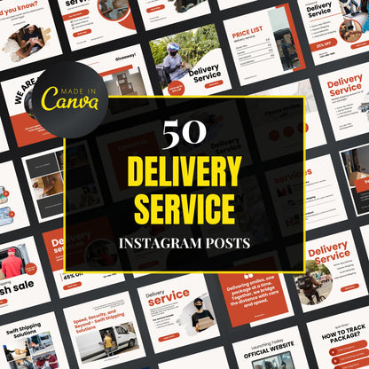 Collection of delivery service Instagram post templates with 'Made in Canva' branding.