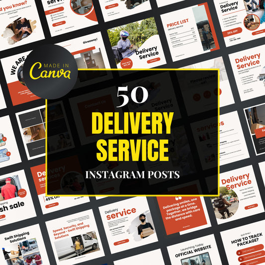 Collection of delivery service Instagram post templates with 'Made in Canva' branding.