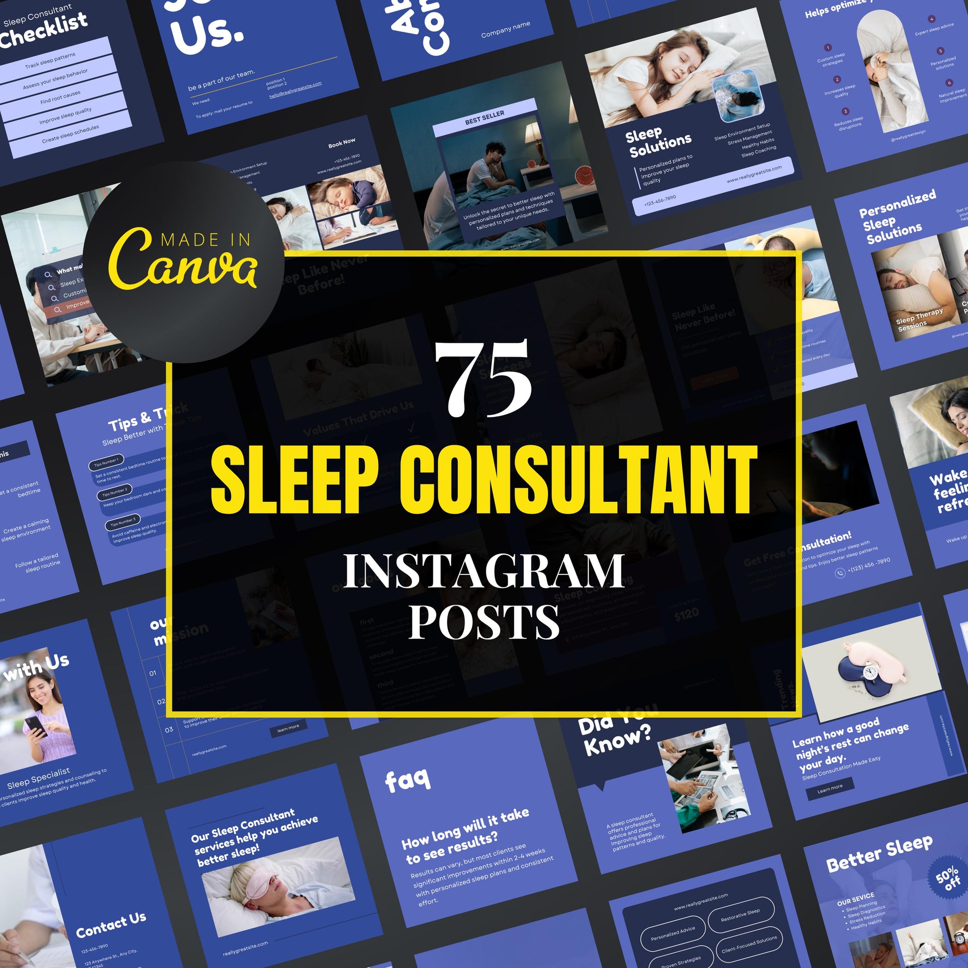 Promotional graphic for 75 sleep consultant Instagram posts with 'Made in Canva' branding.