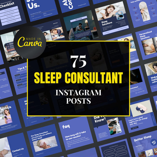 Promotional graphic for 75 sleep consultant Instagram posts with 'Made in Canva' branding.