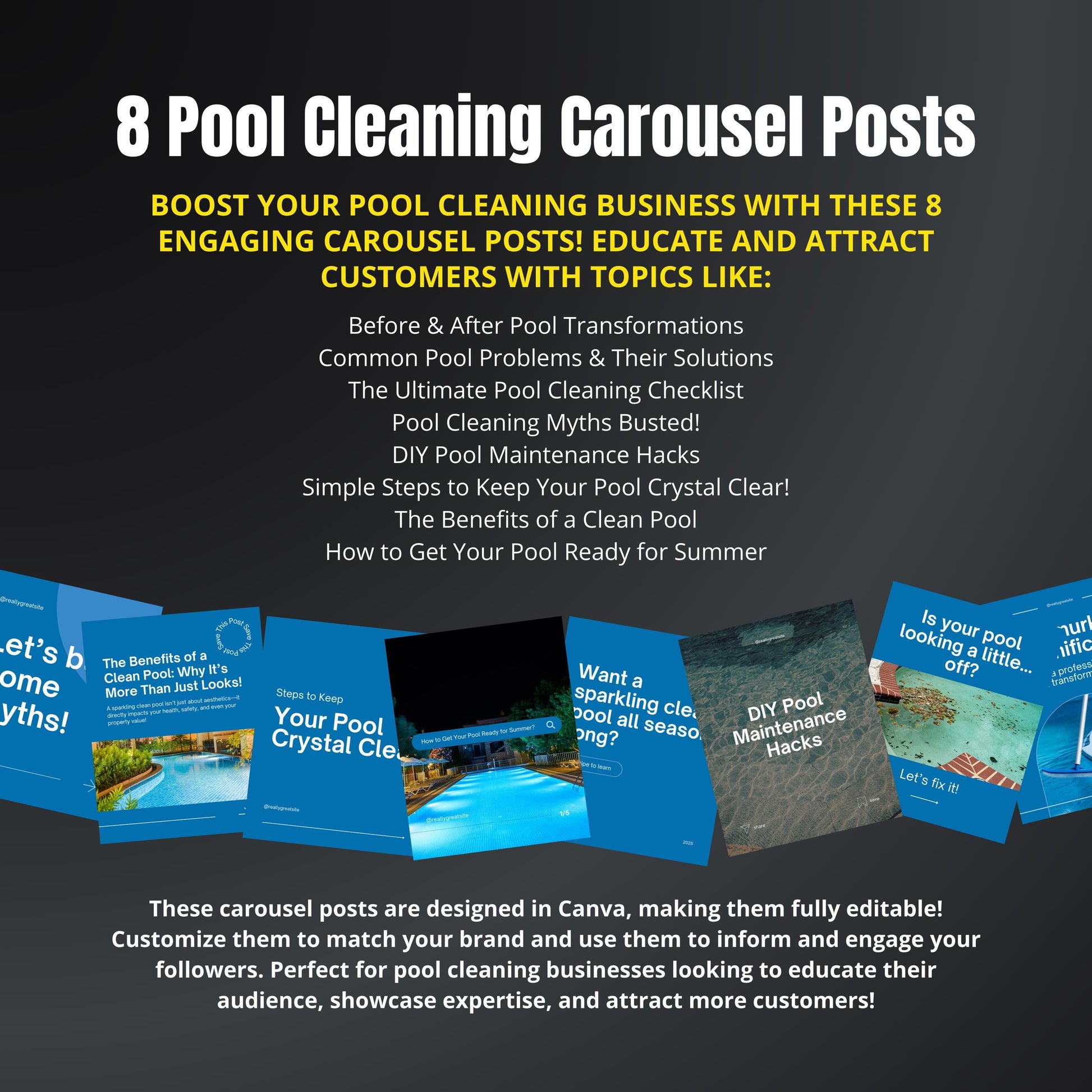 Promotional graphic for pool cleaning carousel posts with text and images of pool care products.