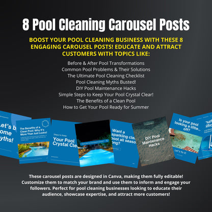 Promotional graphic for pool cleaning carousel posts with text and images of pool care products.