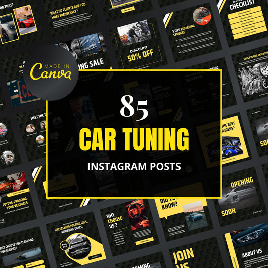 Collection of car tuning Instagram post templates with 'Made in Canva' branding.
