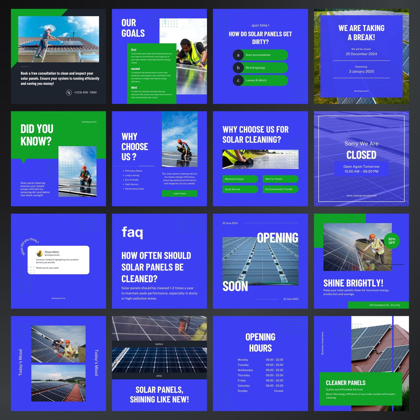 Solar Panel Cleaning Canva Templates | Editable Instagram Posts for Solar Maintenance Services