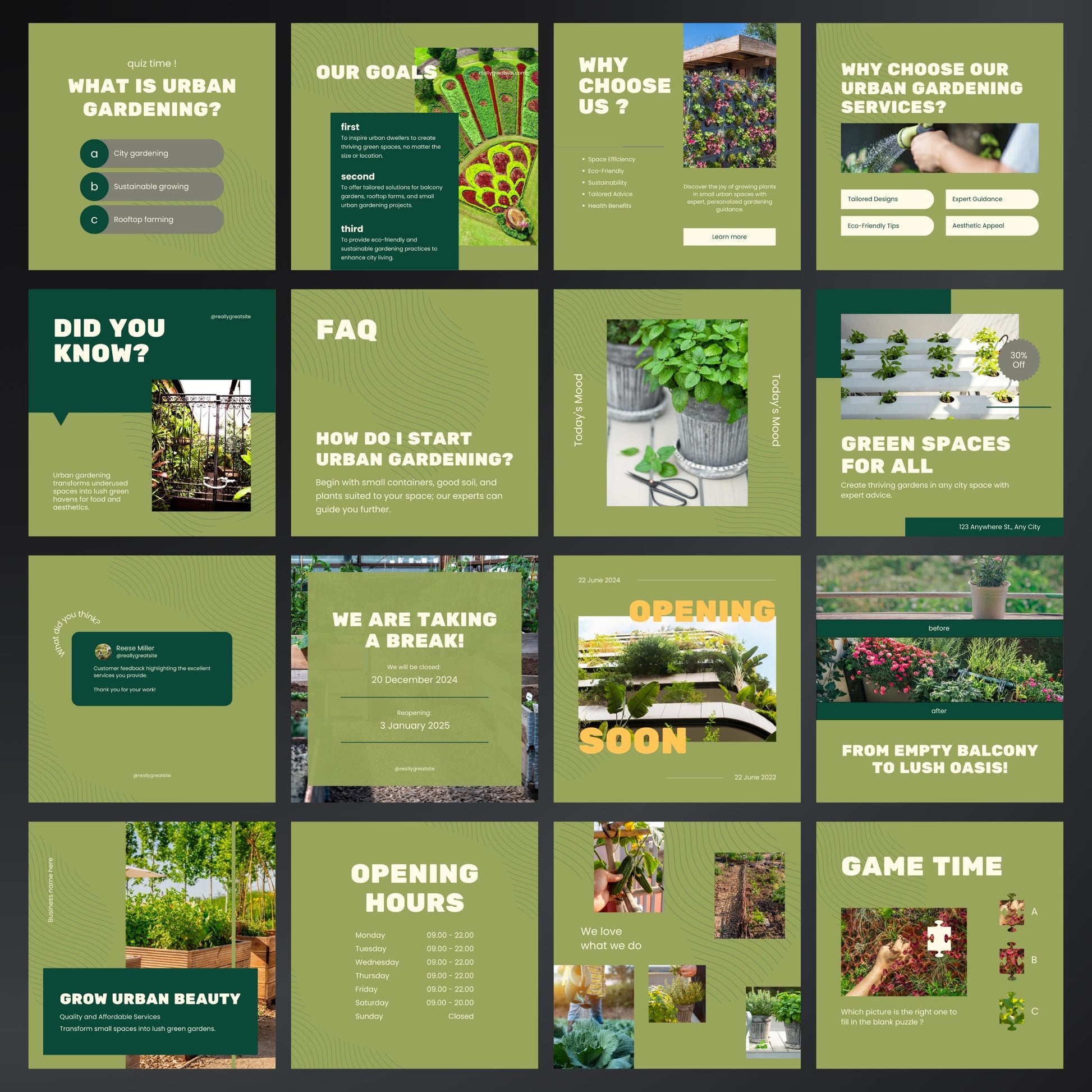 Grid of green-themed slides with urban gardening content and images.