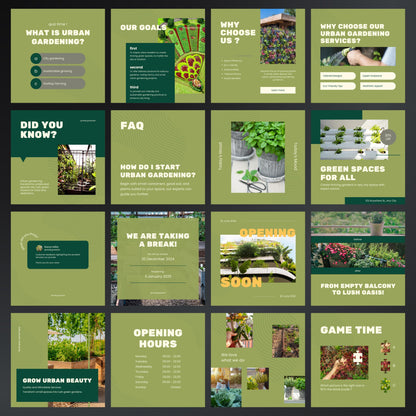 Grid of green-themed slides with urban gardening content and images.